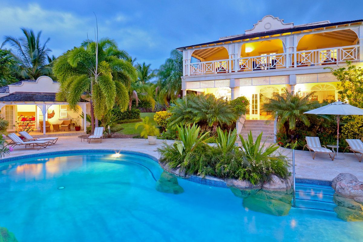 Exterior by night of Calliaqua, a luxury resort with tennis court in Sugar Hill Barbados