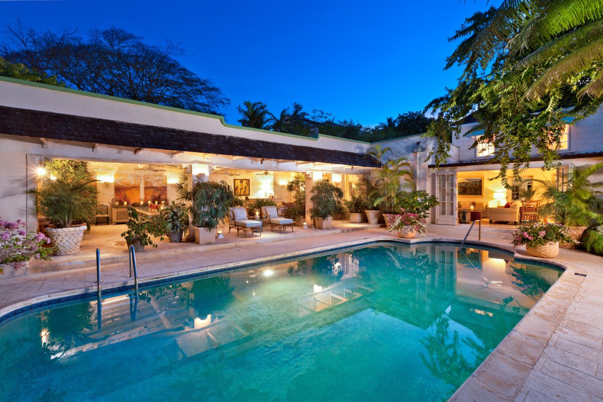 Pool at night of Leamington House, a private luxury villa in Barbados