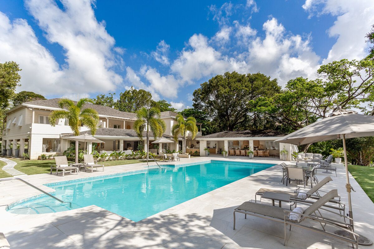 Pool view in Villa Aama, a modern luxury villa in Sandy Lane Barbados