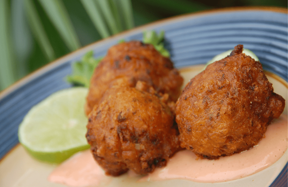 A great food found in the Caribbean are conch fritters, pictured above golden brown after they are deep fried.