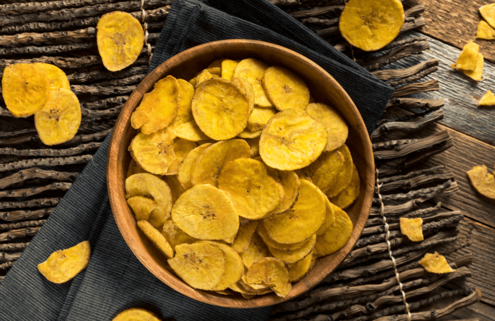 One of the most delicious and easy to make foods in the Caribbean are the golden yellow plantain chips pictured above.