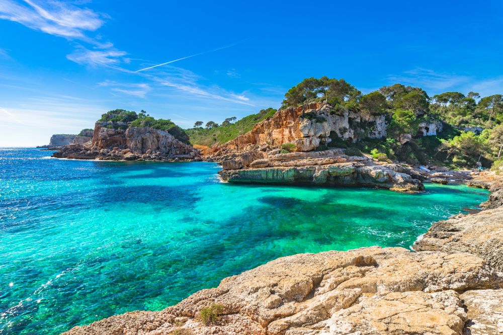 A scenic coastal view among the top 5 beaches in Mallorca showcases clear turquoise waters and rocky cliffs topped with greenery under a bright blue sky. The sunlit landscape features rugged terrain, creating a picturesque natural setting.