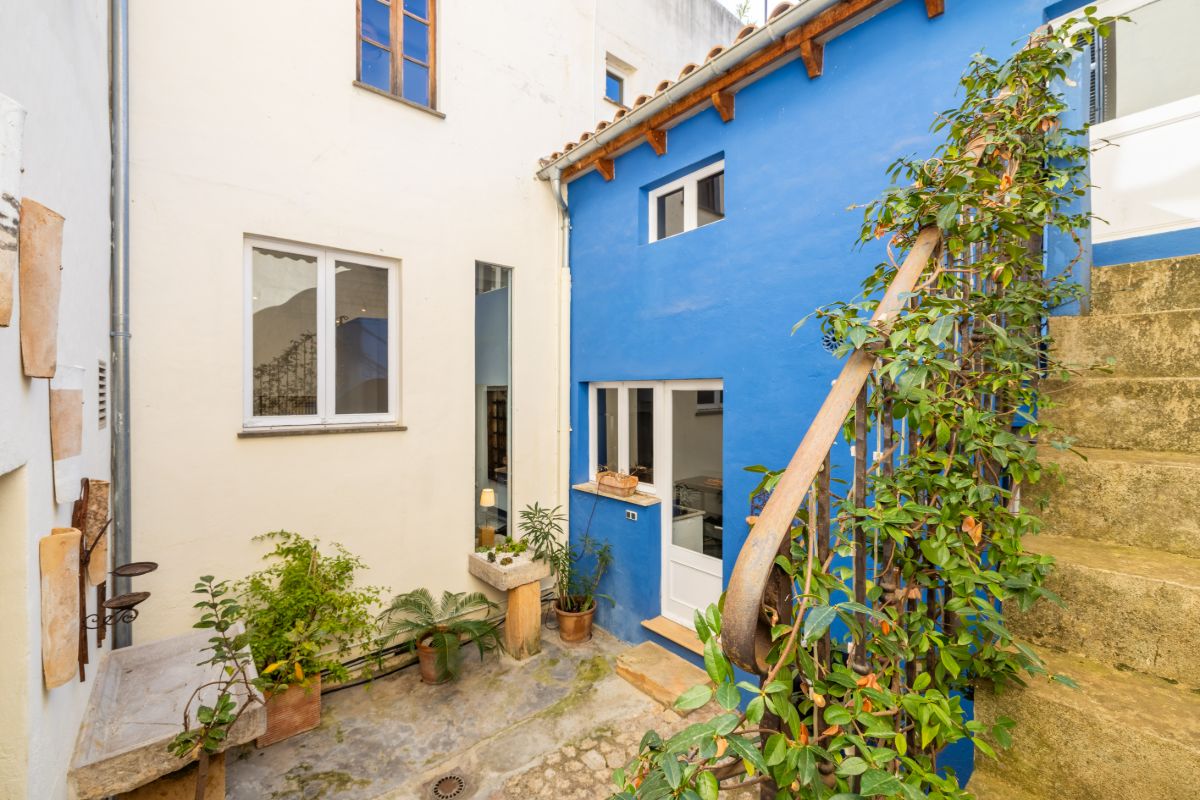 A small courtyard at Can Llevante features potted plants, a rustic stone bench, and a staircase draped in green vines. White and bright blue walls create a lively, Mediterranean atmosphere perfect for relaxing outdoors.